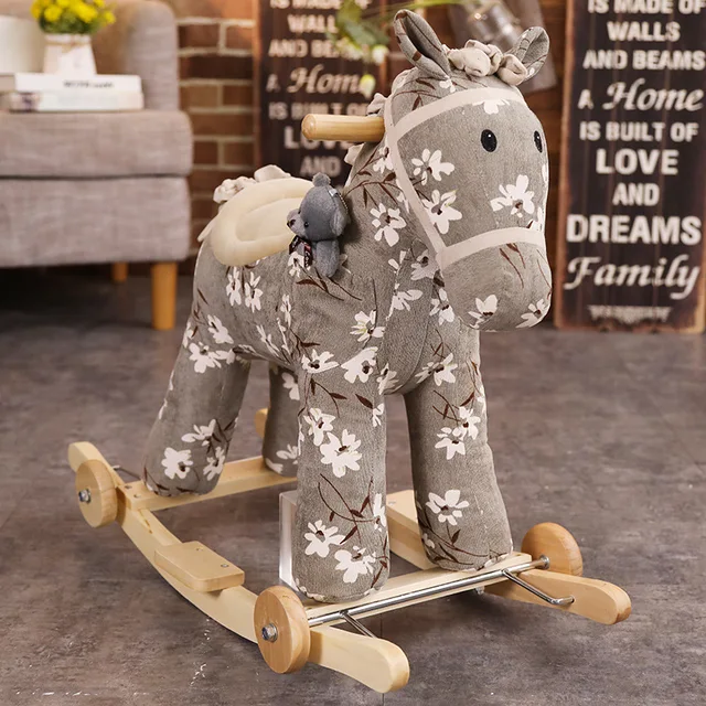 LazyChild Flower Cloth Wooden Horse Rocking Chair Yo Car Baby Comfort Toy Dual-Purpose Music First Year Gift Rocking Horse 2
