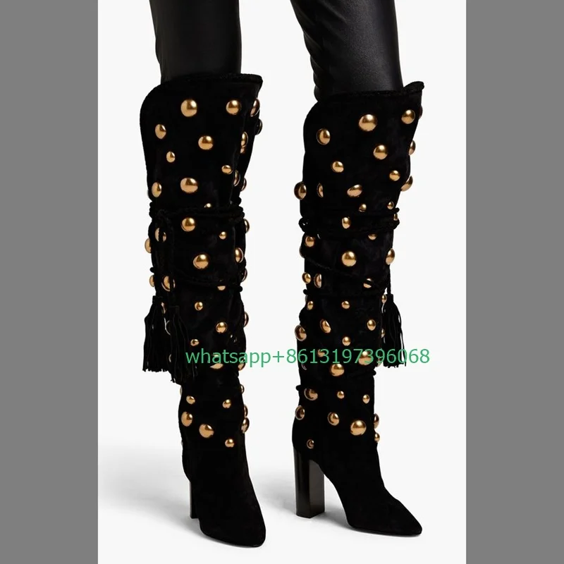 

Lady studded suede knee boots sexy black pointed toe lace-up gold stud rivet design tassel boots party boot size 35-46 footwear