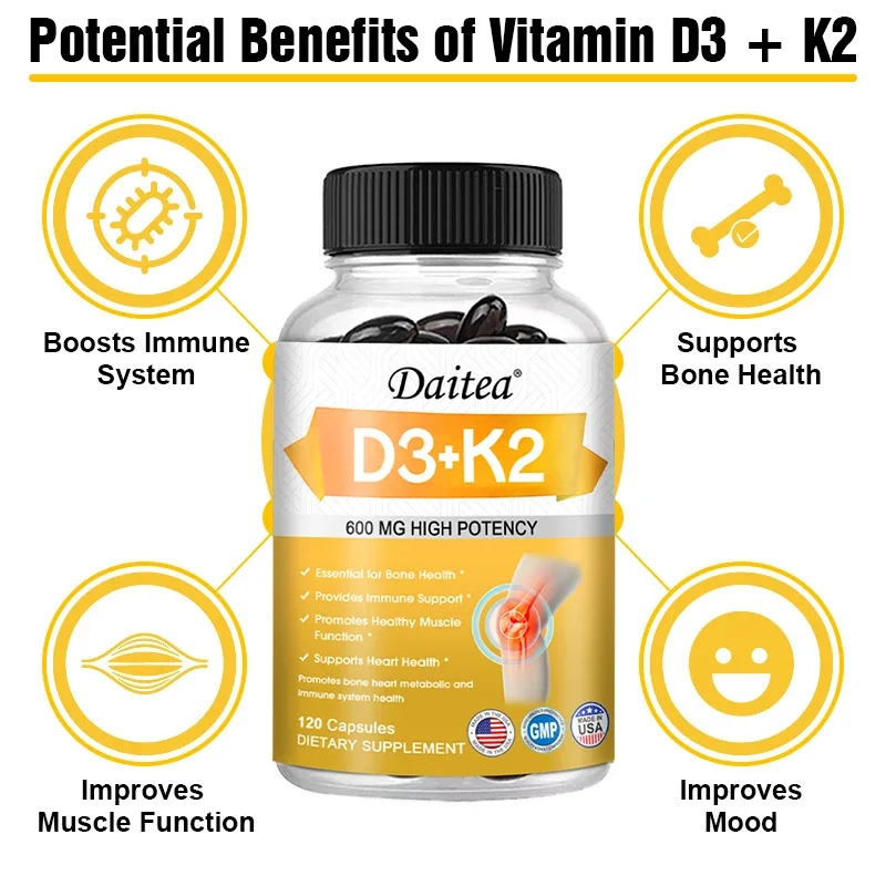 Vitamin D-3 and K-2 Supplement 600 Mg Cardiovascular Bone Dental Metabolism Immune Heart Health Vegetarian Capsules