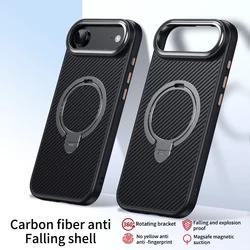 Carbon Fiber Magnetic Phone Case with Rotating Stand and Metal Camera Frame - iPhone 15 Plus (Titanium)
