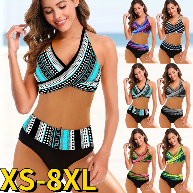 2022 New Fashion Bikini Summer Women Retro Print Swimsuit 2 Piece Set Swimsuit High Waist Sexy Swimsuit Femal Loose Beach Wear