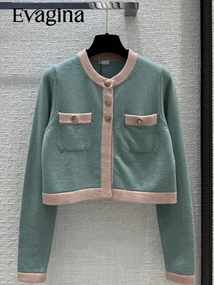 

Evagina Fashion Designer Autumn Short Style Cashmere Knitting Cardigan Women's O-Neck Pockets Long Sleeve Casual Sweaters