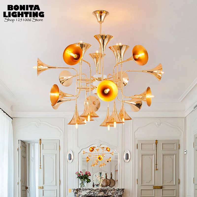

Golden trumpet Modern Horn pendant lighting Edison hanging lamps for Iron Musical Instruments pendant lights for high ceiling