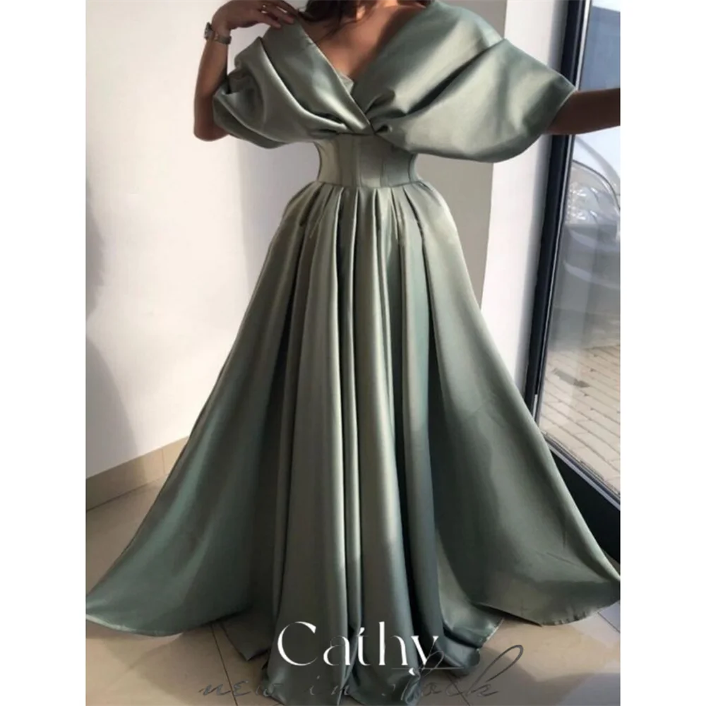 

Cathy Green Heart Shaped Neckline Evening Dress Empire Waist Ball Gown فستان حفلات الزفاف Pleated Satin robes de soirée