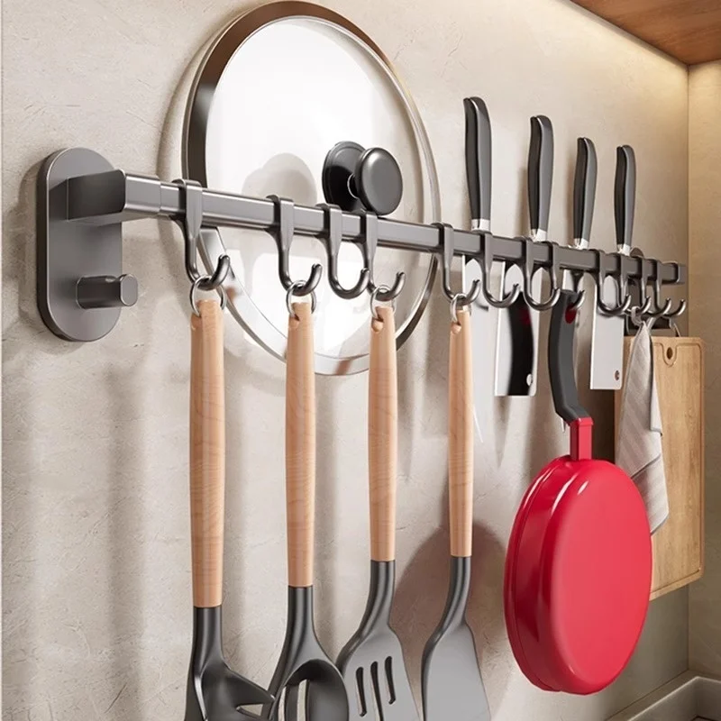 Kitchen Hook Rack No Hole Hanging Rod Wall Mounted Shelf Multifunctional Spatula Spoon Storage Hanging Shelf