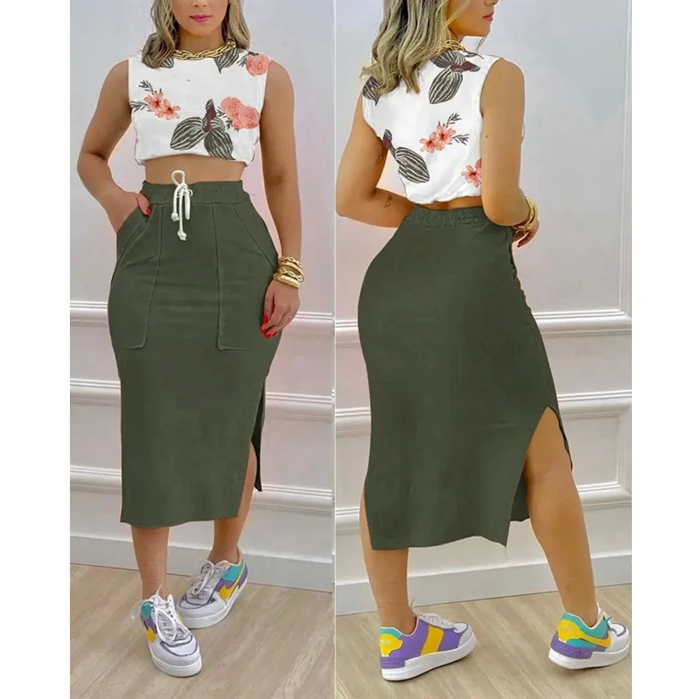 New Summer Women Floral Print Crop Tank Top & Split Hem Drawstring Skirt Set Two Pieces Maxi Skirts Set Summer Outfits