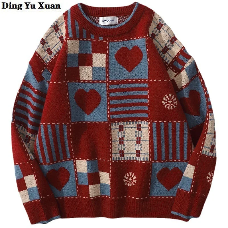 

Elegant Heart Plaid Vintage Sweater Mens Hip Hop Streetwear Harajuku Retro Knitted Sweater Couples Lovers Autumn Cotton Pullover