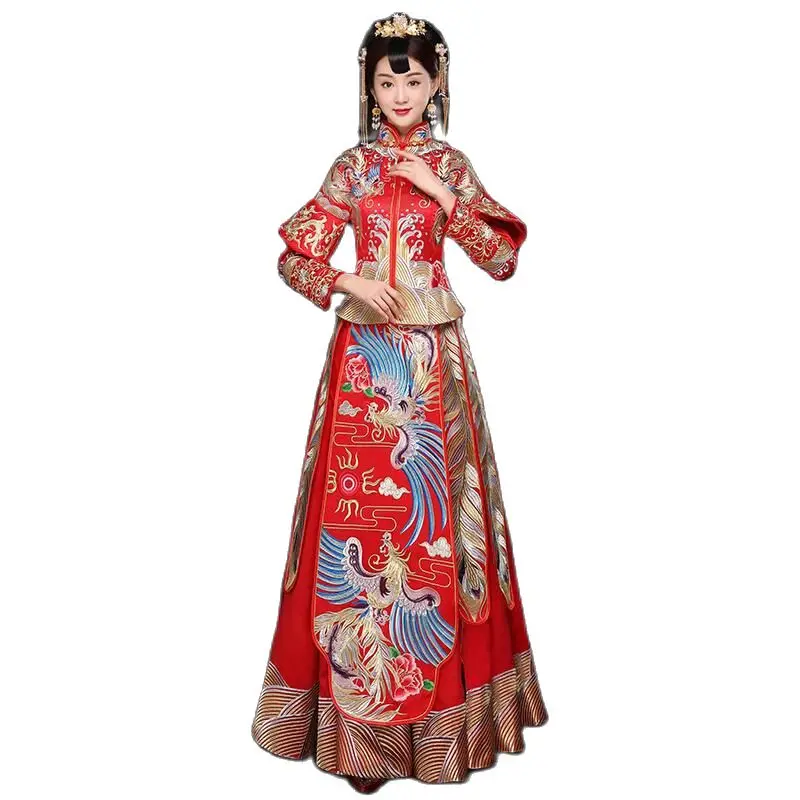 Vintage Red Bride Marry Dress Ancient embroidered phoenix royal princess costume Traditional Chinese Women Wedding Cheongsam