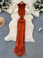 SINGREINY Vacation Tassel Knitted Dress Stretchy Bodycon Curve Solid Summer High Waist Sleeveless Sexy Beach Pencil Long Dresses - Image 6