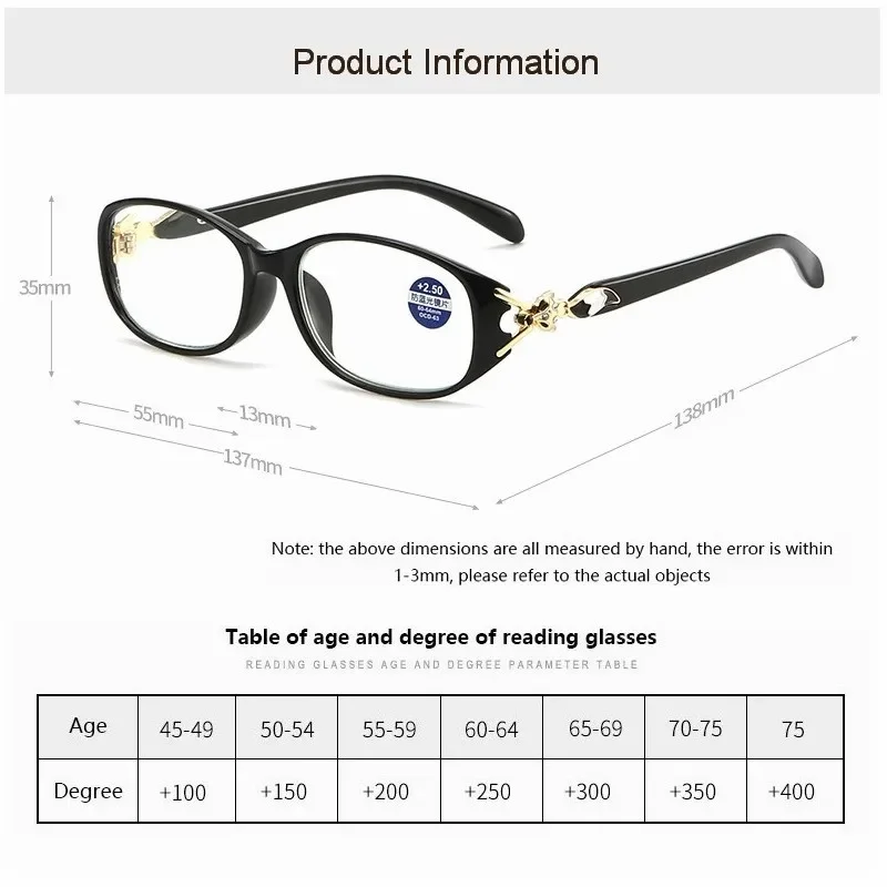 Women Fox Anti-Blue Reading Glasses Ladies Fashion Presbyopic Prescription Eyewear +1.0~+4.0
