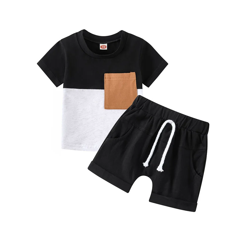 

New Boy Summer Casual Set Children Cool Short Sleeved Set Baby Fashion Solid Color Patchwork Top+Short Pants Two-Piece Set