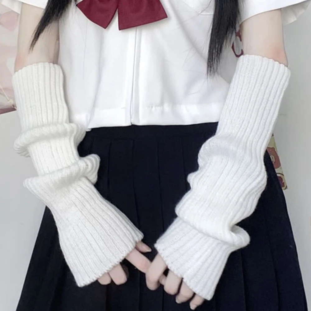 Y2K Lolita Fingerless Gloves Arm Warmers Gothic Women Knitted Kawaii White Hand Work Gloves Anime Cosplay Ankle Wrist Sleeves