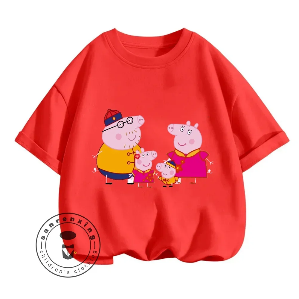 2024 Children Summer Peppa Pig Animated Cartoon Character Print Design O-neck Loose Version Type and Sporty Short Sleeve T-shirt 6