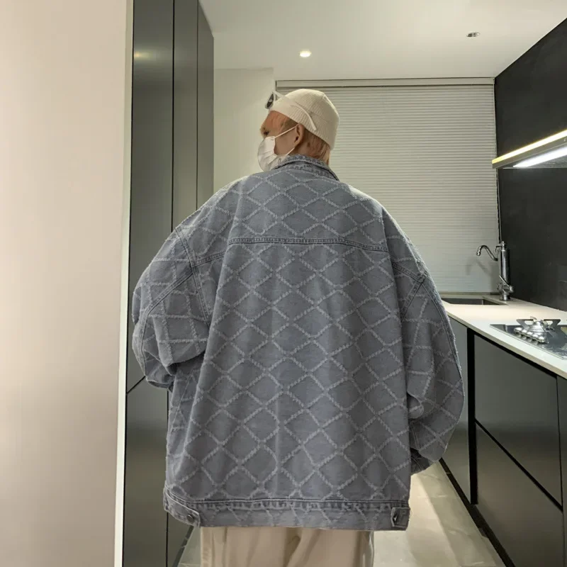 루즈핏 학생 체크무늬 라펠 가디건, 데님 재킷, 캐주얼 홍콩 스타일, 트렌디 브랜드, 남성 용수철 가을 패션