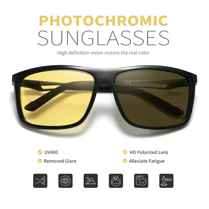 브랜드 스퀘어 포토크로믹 편광 선글라스 남녀 야간 시력 보호 운전용 안경 트렌디 쉐이드 카멜레온 아이웨어