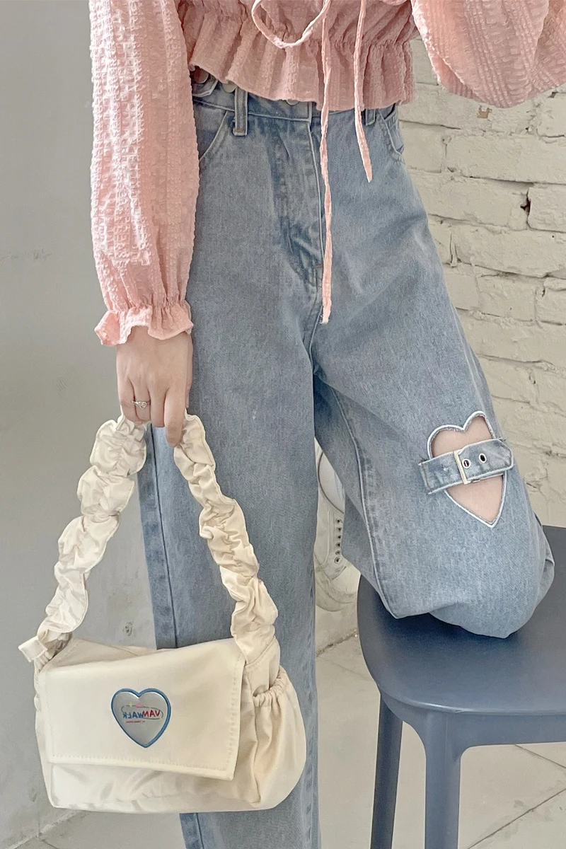 Sweet Love Ripped Blue Jeans for Women 2023 Autumn New Cute Loose High Waist Slimming Wide-Leg Denim Straight Pants Female