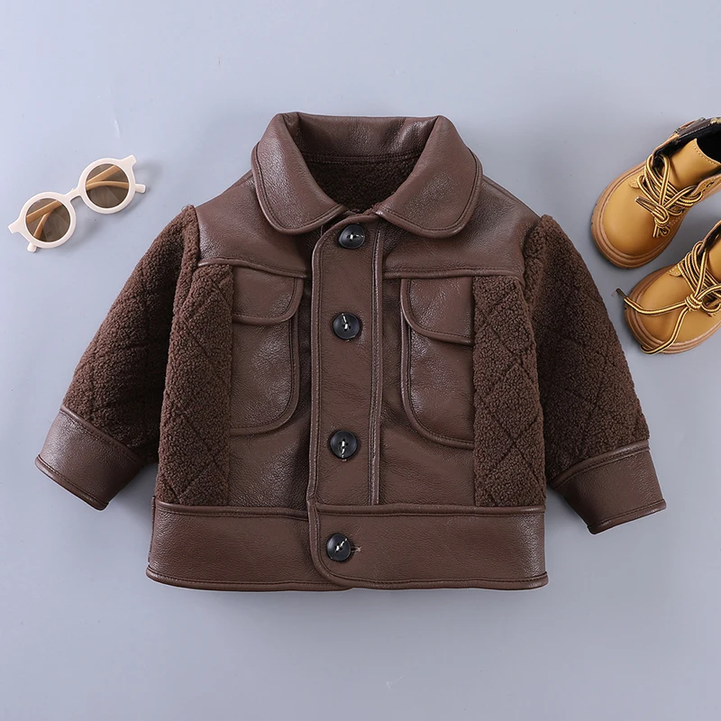 Winter Kids Boys Thicken Jackets For Boys Coats PU Maillard Plush Splicing Jackets Toddler Children Outerwear Baby SnowCoat