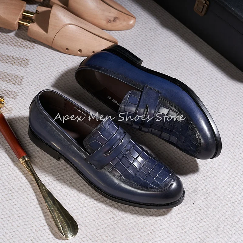 Fashion Checkered Slip On Loafers for Men Casual Cowhide Handmade Office Leather Shoes Versatile Male Wedding Shoes Daily