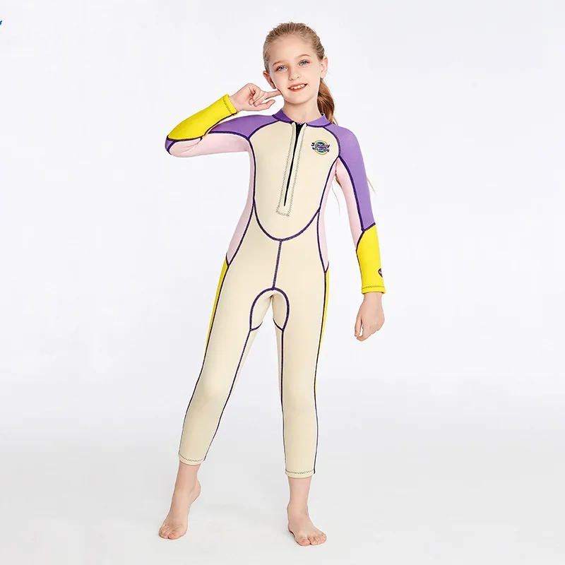 Children's 2MM Neoprene Wetsuit One-piece Long-sleeved Summer Diving Suit Sunscreen Cartoon Surfwear Swimsuit For Girls Swimwear 2 16years girls swimsuit one piece swimsuit 2022 fashion rainbow mermaid swimwear for children summer bathing suits