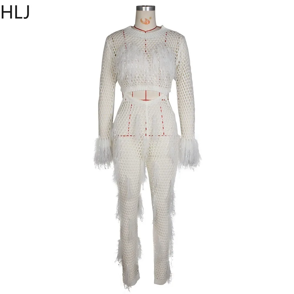 HLJ Fashion Hollow Out Hole Tassels Knitting Jumpsuits Women O Neck Long Sleeve Splicing Playsuits Female Solid Slim Overalls