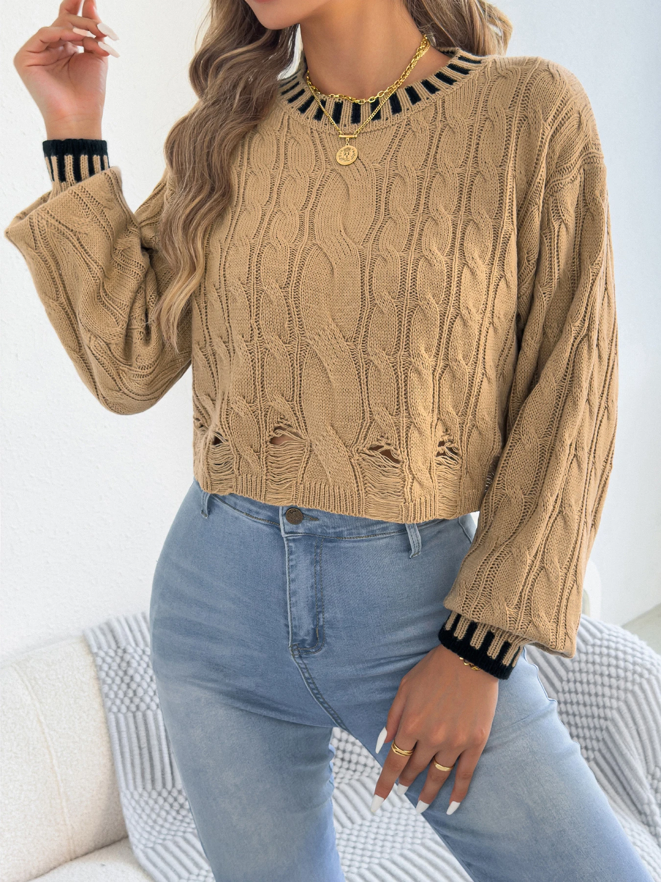 Orange Knitted Sweater Autumn Winter Casual Round Neck