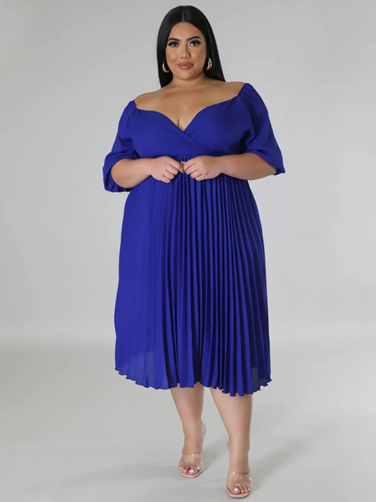 Off Shoulder A Line Dresses for Women Plus Size 3XL 4XL Blue High Waist Pleated Midi Outfits Evening Cocktail Party Gowns Summer