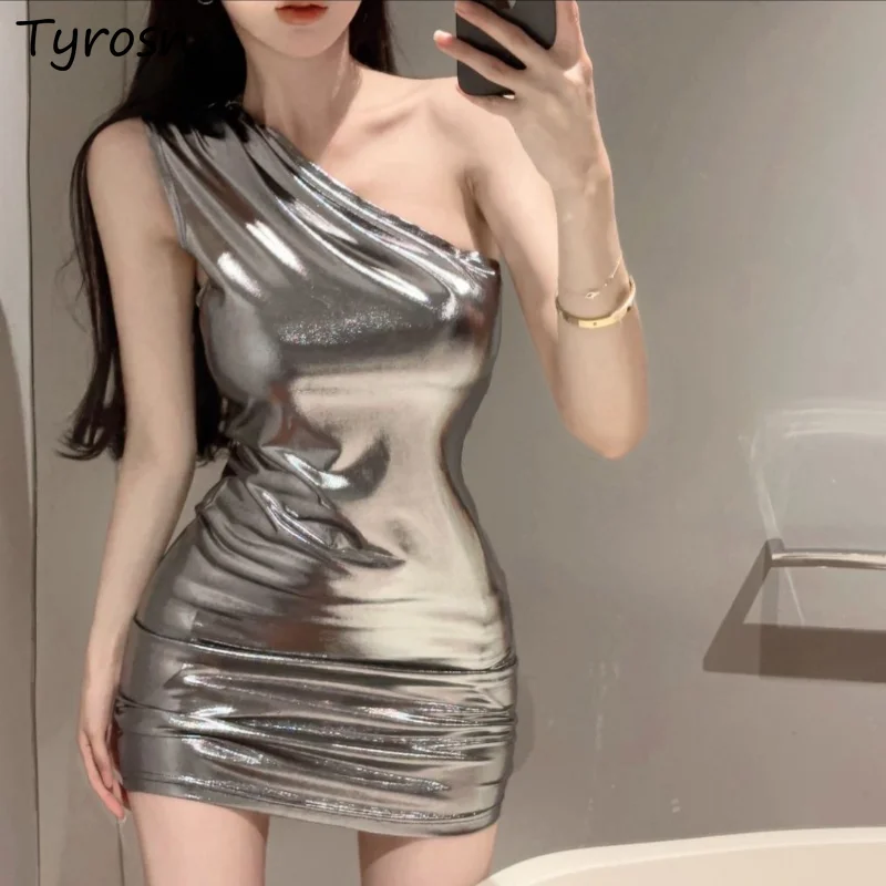 

Dresses Women Slim Simple Fashion Sexy Design Diagonal Collar All-match Summer Empire Mini Korean Style Party Elegant Sleeveless