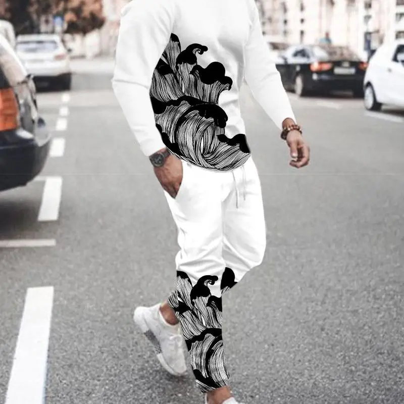 2023 New 3D Printing Contrast Pattern Men's Tshirt Set Autumn/Winter Fashion Street Set Long Sleeve Top+Pants 2Pcs Oversize 6XL