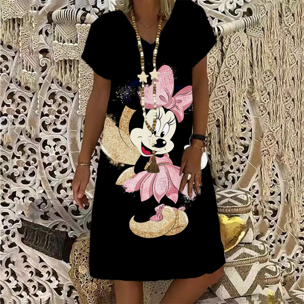thumbnail image 1 of Elegante vestido de fiesta de playa para mujer 2024 Disney Minnie Mickey Mouse vestido de verano bohemio moda casual cuello en V vestidos midi, 1 of 5