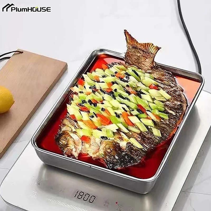 Stainless Steel Square Plate With Lid Rectangular Food Storage Pan Commercial Dish Tray Large Refreshing Lunch Box Container storage box storage tray kitchen tray