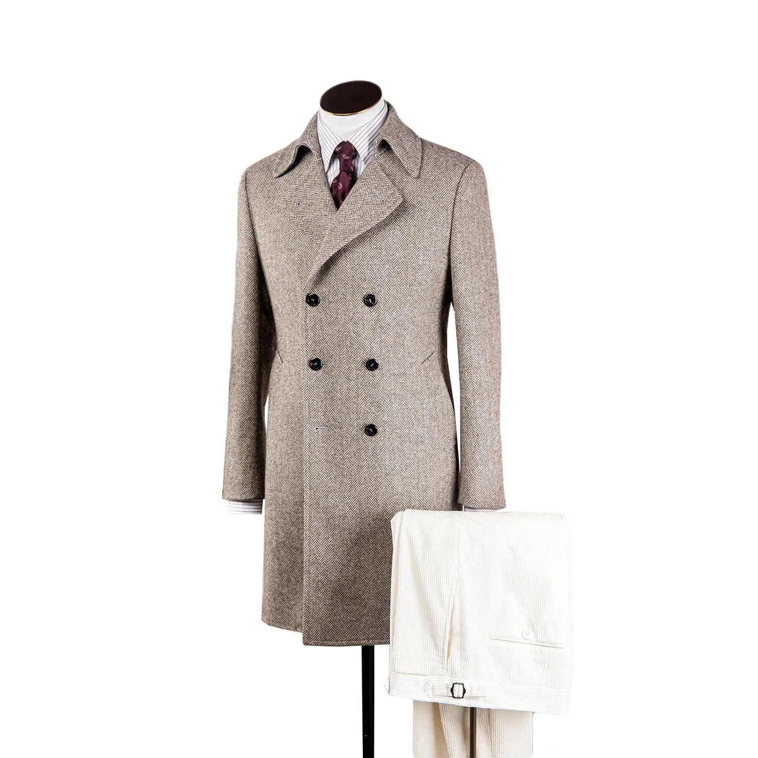 Winter Luxury Long Coat For Men Herringbone Notch Lapel Double Breasted Groom Wear Slim Fit Business Office 2 Pcs Jacket Pants