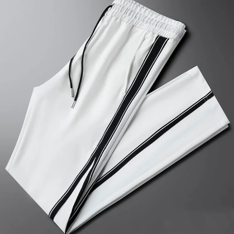 Side striped casual sports pants men's summer thin fashion retro high waist drop wide leg long pants trend