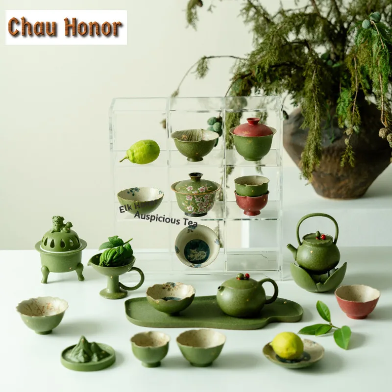 Green Oranges Sprinkled Gold Travel Tea Set Kit Retro 1 Pot 2 Cups Tea Maker Organizer Portable Picnic Stock Bags Supplies Gift