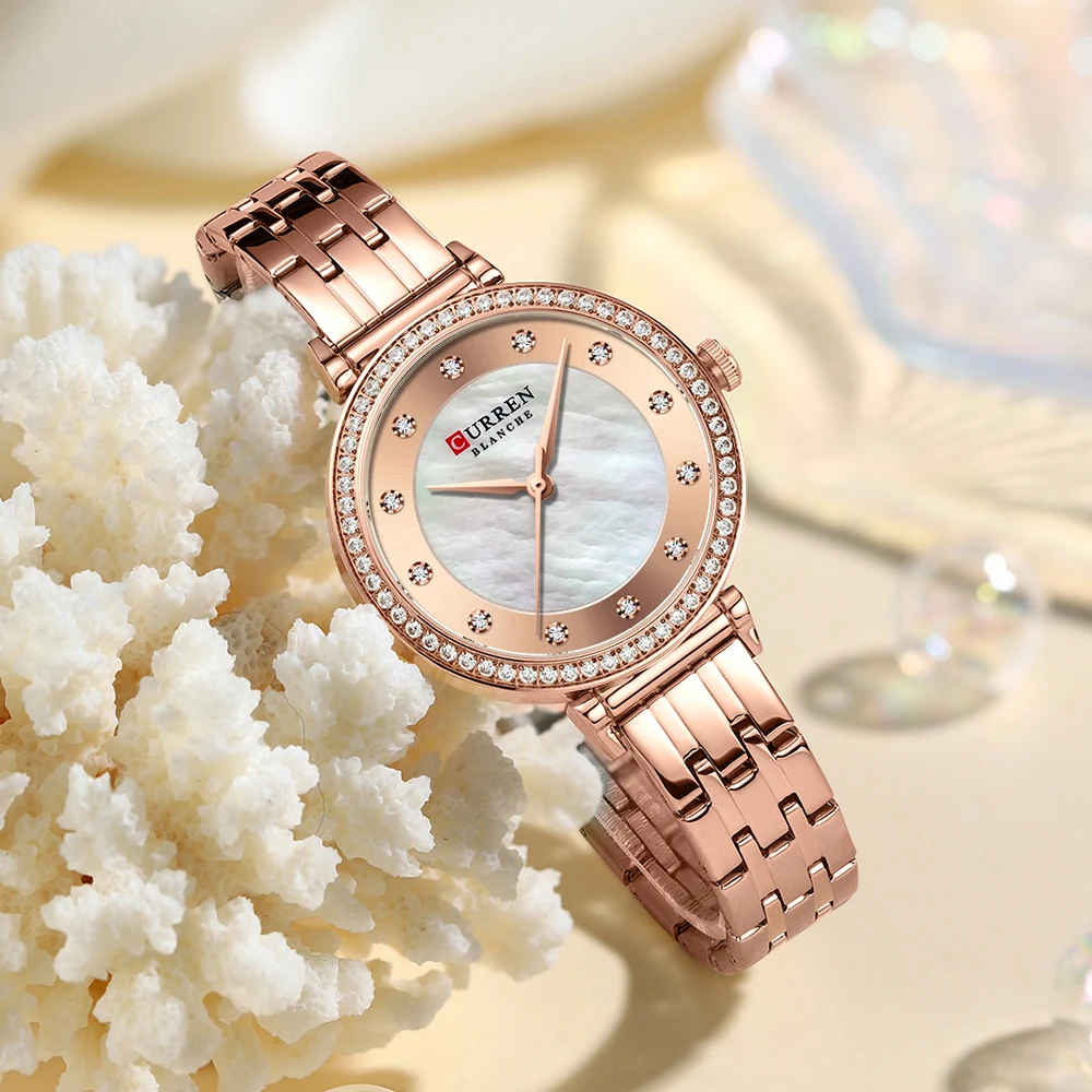 CURREN Luxury Slim Women's Watch Two Tone Stainless Steel Band Mother of Pearl Dial with Rhinestones Elegant Quartz Wristwatch