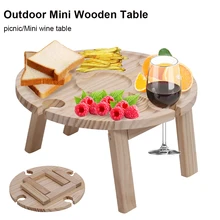 

Mini Wooden Table Portable Foldable Picnic Table with Glass Holder Compartmental Dishes Beach Table for Outdoor Camping
