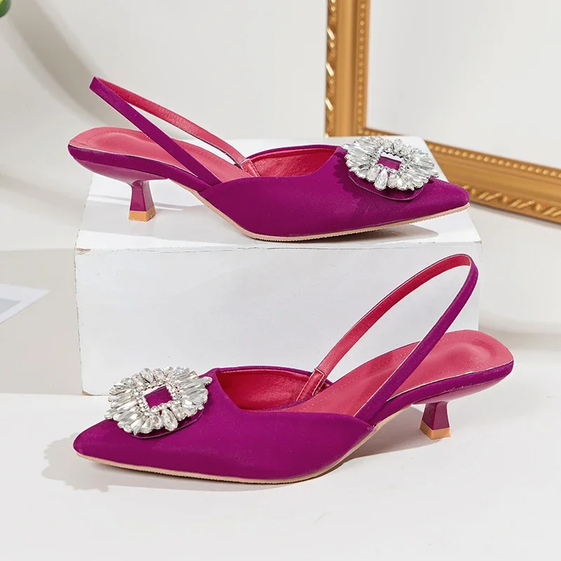 

Женские босоножки Baotou, новинка 2024, нежные туфли на тонком каблуке с острым носком и стразами в сказочном стиле