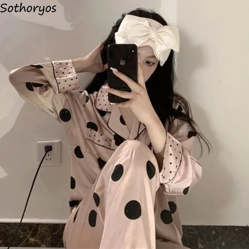 

Pajama Sets Women Autumn Loose Comfortable Design Polka Dot Elegant Simple Korean Style Turn-down Collar Retro Casual Trendy New