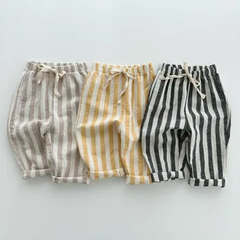 Autumn 1PCS Korean Kids Summer Cotton Striped Drawstring Casual Pants for Boys and Girls Loose Fit Elastic Waist Long Pants 1