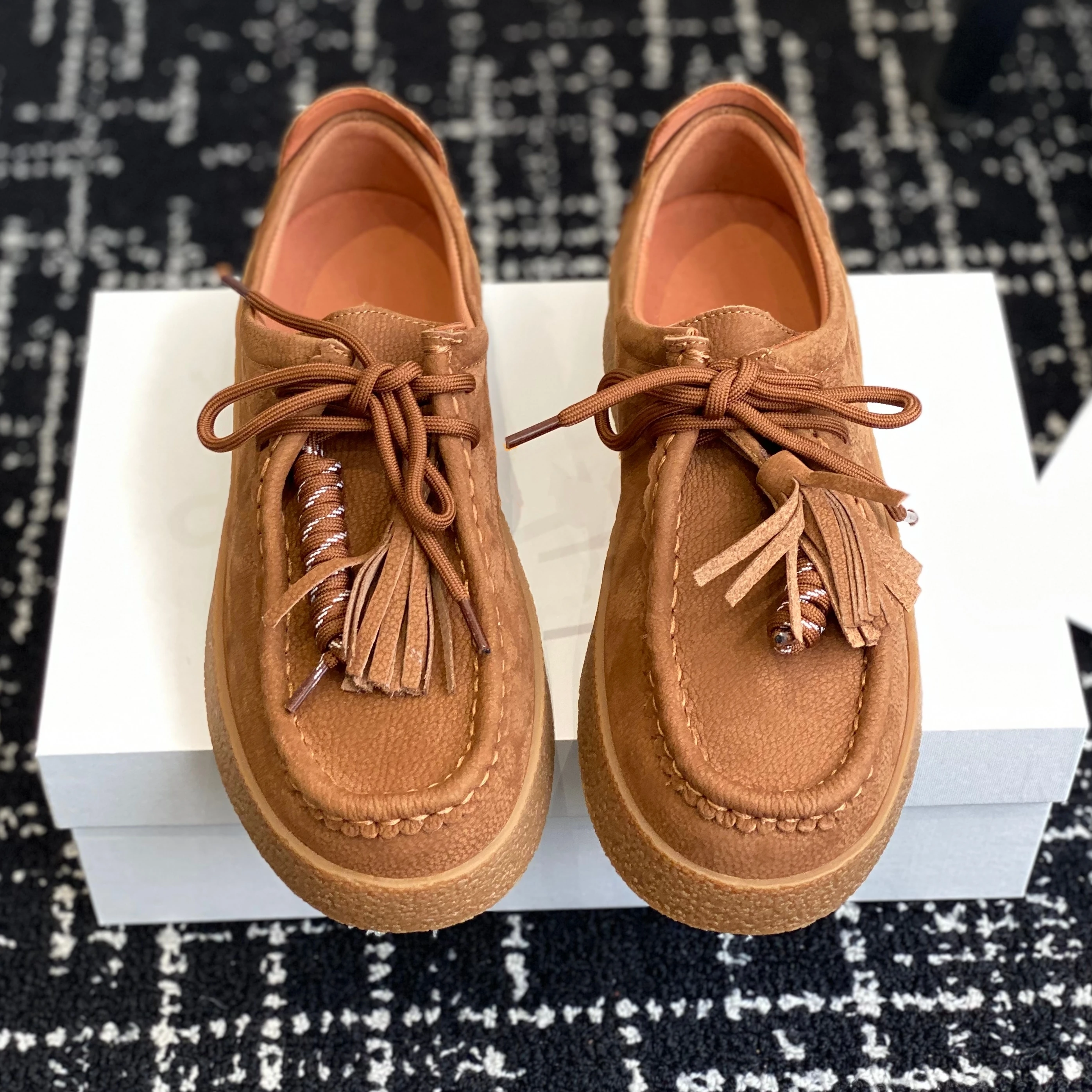 2025 Desinger Real Leather Round-Toe Thick Sole Lace-Up Woman Loafers Mules Clogs Shoes For Woman Fringe Decora Sapato Feminino 6