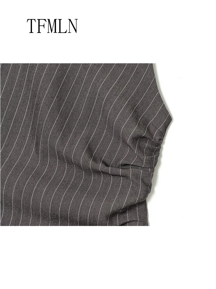 Fashion Striped Pleated Mini Dresses For Women 2026 Spring Elegant O-neck Sleeveless Slim Causal Dress Retro Back Zipper Dress