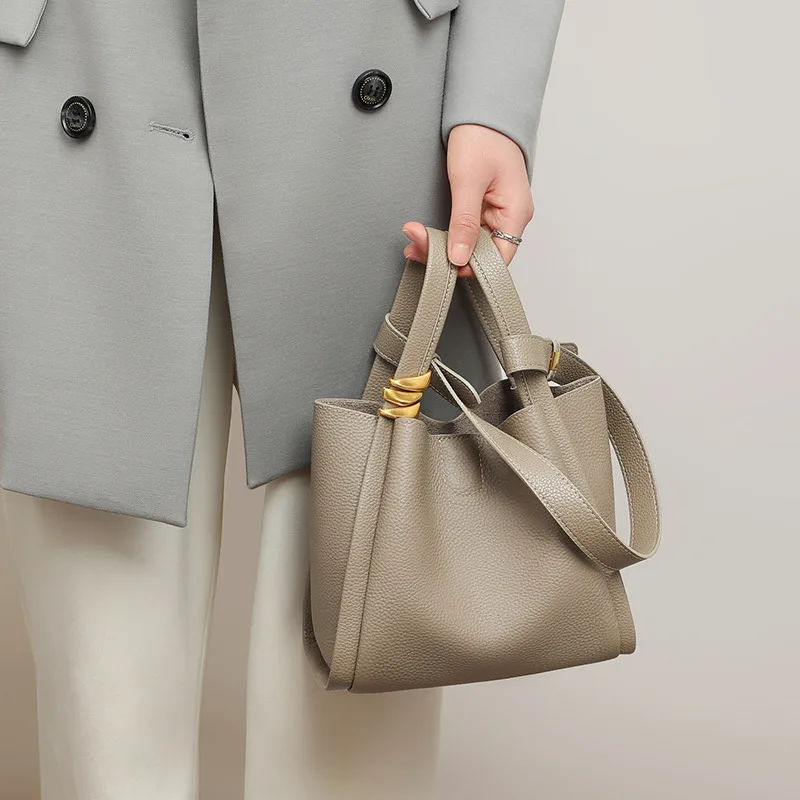New Autumn Winter Women Genuine Cowhide Bucket Bag Fashion All Match Soft Leather Handbag Crossbody Shoulder Top Handle Tote Bag