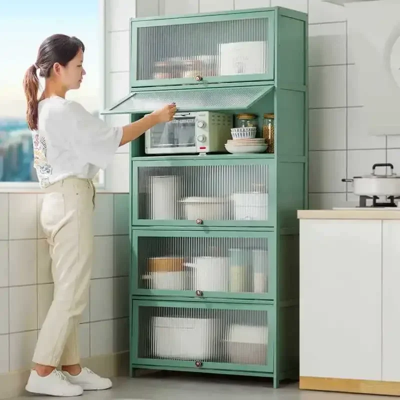 Modern Bakers Rack for Kitchen Cabinet Storage, 5 -Tier Microwave Stand with Flip Door Cabinet, Bamboo with Pegboard for Kitchen