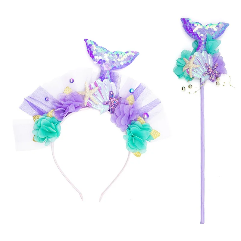 Mermaid Ariel Princess Dress Up Crown Magic Wand Headband Birthday Party Decorations Hair Accessories Photo Props for Girl