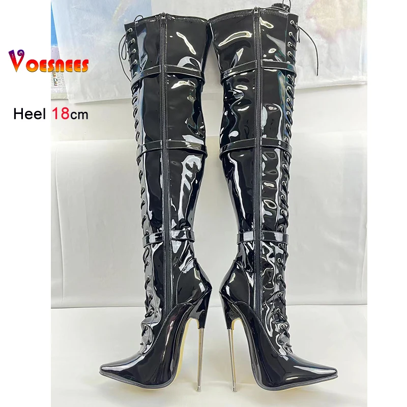 Black Sexy 18cm Metal Over Knee Women Boots Night Club Stage Pole Dance Thigh High Buckle Belts Boots Custom Colors Plus Size 46