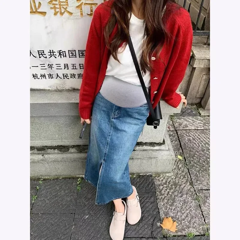 Front Splits Stretch Denim Skirt Maternity Summer High Waist Belly Pencil Bottoms for Pregnant Women 24SS Y2k Youth Pregnancy
