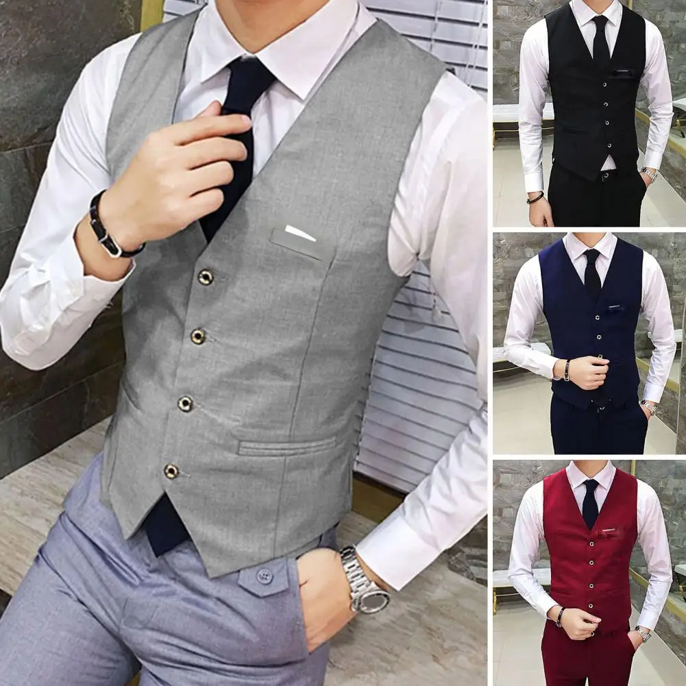 

Fake Pockets Waistcoat Formal Business Men's Suit Vest Waistcoat V Neck Slim Fit Single-breasted Cardigan Groom Wedding Coat