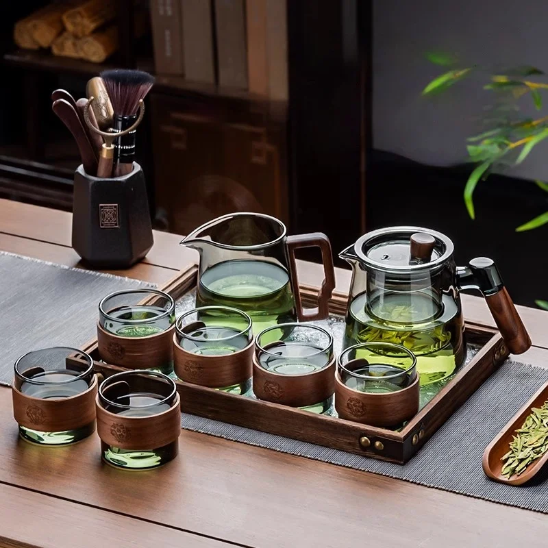 GIANXI Glass Tea Set Chinese Wooden Handle High Temperature Brewing Teapot Japanese Household Wooden Retro Glass Tray glass teapot tea brewing pot