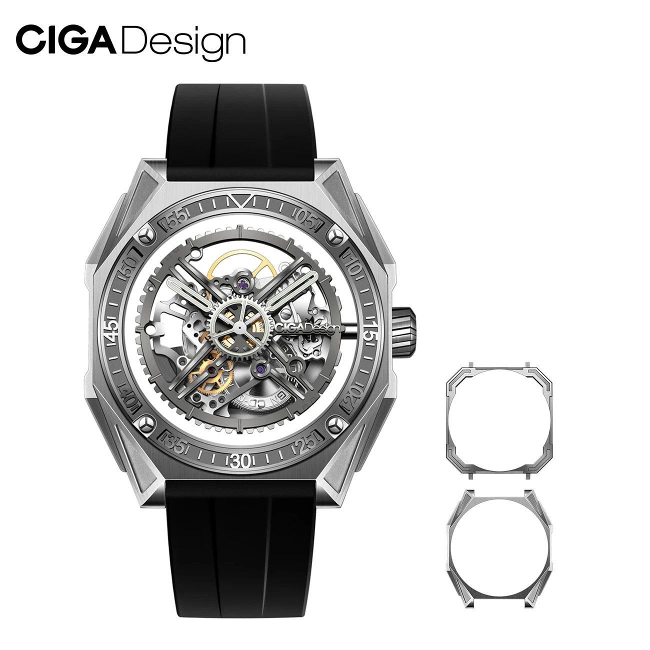 

CIGA Design Magician Series 3 in 1 Titanium Automatic Watch for Men Fluororubber Strap Skeleton Mechanical Wriswatch 3 Pcs Cases
