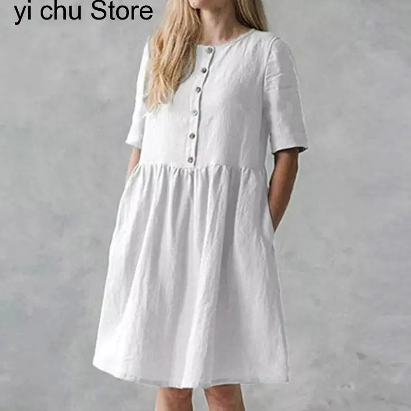 

New Vintage Cotton Linen Mini Dress Casual Female O Neck Pockets Patchwork Dress Loose Short Sleeve Spring Summer Solid Dress