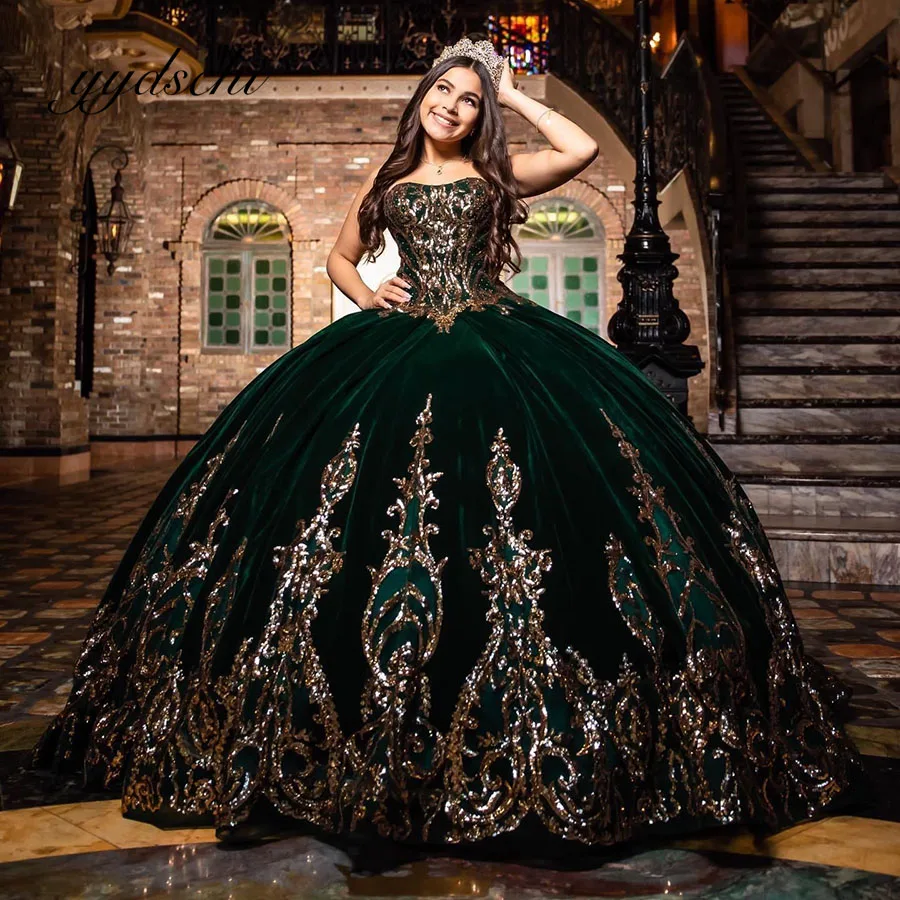 Customized Quinceanera Dress Dark Green Suede Gold Applique Court